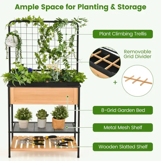 Costway 59" Raised Wooden Garden Bed with Metal Trellis Open Storage Shelves Drain Holes {5}