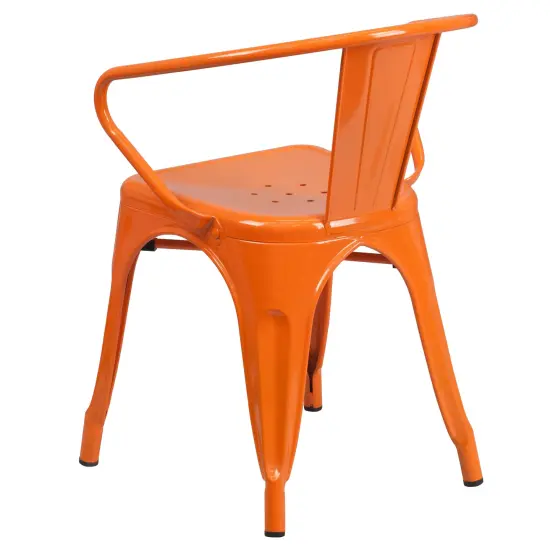 Emma and Oliver Commercial Grade Colorful Metal Indoor-Outdoor Chair with Arms Orange {4}
