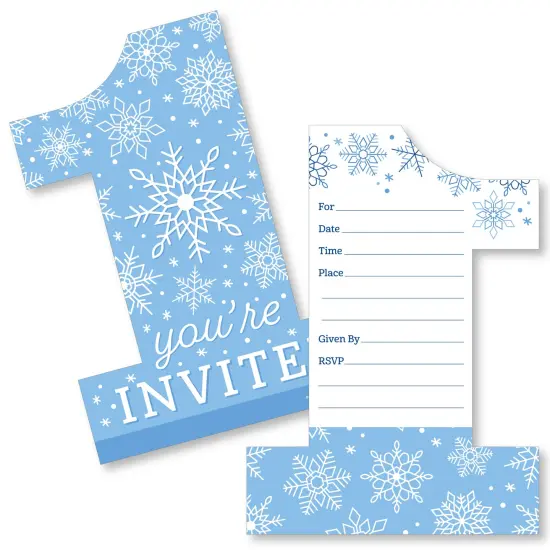 Big Dot of Happiness Blue Snowflakes 1st Birthday - Shaped Fill-In Invitations - Boy Winter ONEderland Party Invitation Cards with Envelopes Set of 12 {1}
