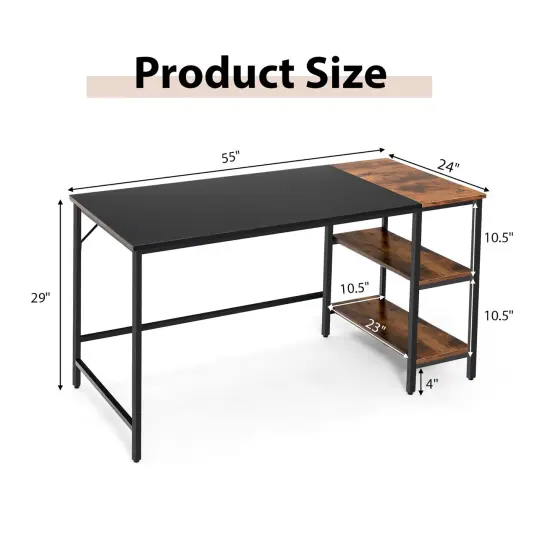 Costway 55'' Computer Desk Writing Workstation Study Table Home Office with Bookshelf Black/Rustic {4}