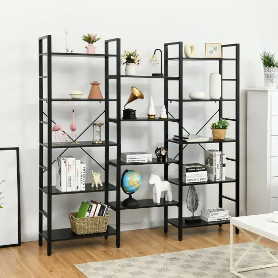 Costway Triple Wide 5-tier Bookcase Large Bookshelf Display Storage Shelf Vintage Black {4}