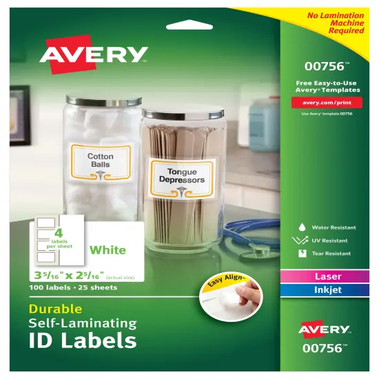Avery Easy Align Self-Laminating ID Labels, Permanent Adhesive, 2-5/16" x 3-5/16", 100 Labels (00756) {1}
