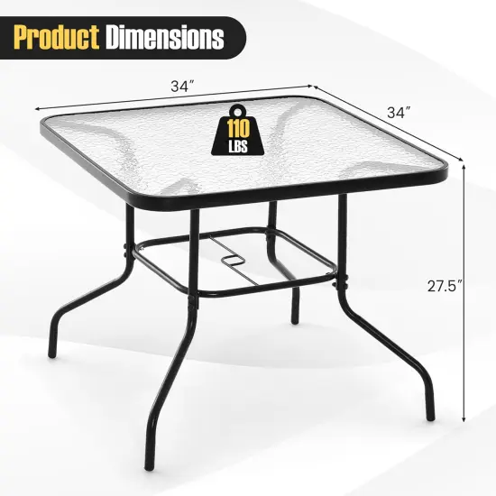Costway 34 Inch Outdoor Dining Table Square Tempered Glass Table with 1.5" Umbrella Hole {3}