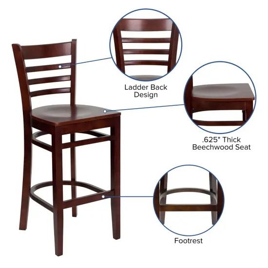 Emma and Oliver Ladder Back Wooden Restaurant Dining Barstool MahoganyWood {2}