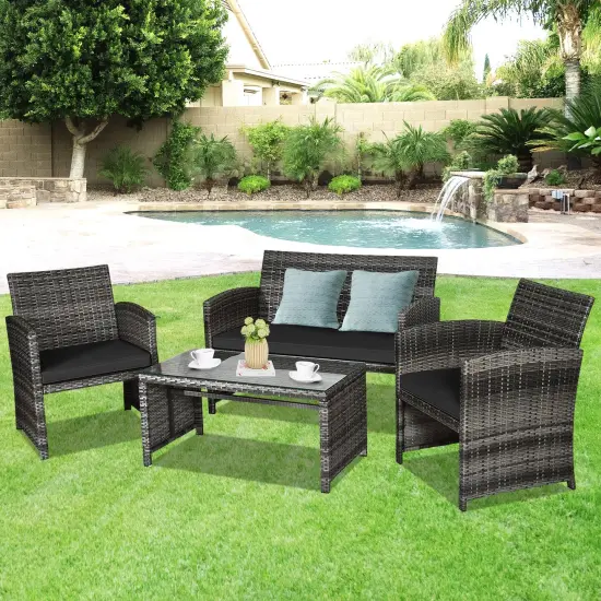 4 Pieces Patio Rattan Furniture Set with Glass Table and Loveseat Black {2}