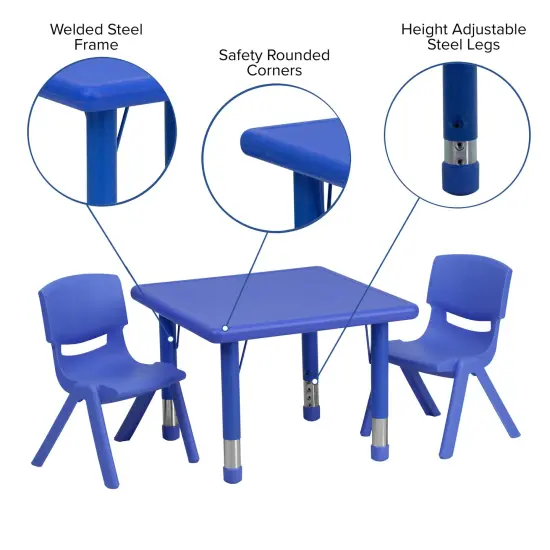 Emma and Oliver 24" Square Plastic Height Adjustable Activity Table Set with 2 Chairs Blue {3}