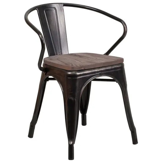 Emma and Oliver Metal Chair with Wood Seat and Arms Black-Antique Gold {1}