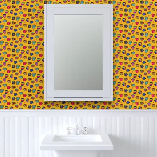 Pre-Pasted Wallpaper 2FT Wide Yellow Whimsical Small Scale Kitchen Mug Coffee Cup Kitsch Tea Lover Custom Pre-pasted Wallpaper by Spoonflower {6}