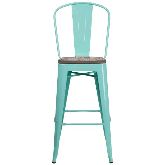 Merrick Lane Sarah 30" Metal Indoor-Outdoor Counter Stool with Vertical Slat Back, Integrated Footrest and Wood Seat Mint Green {2}
