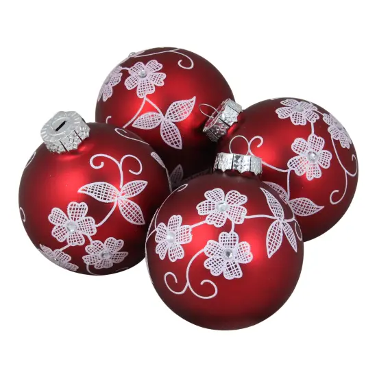 Northlight Flower Vines Christmas Glass Ball Ornaments - 3" (75mm) - Red and White - 4ct {1}