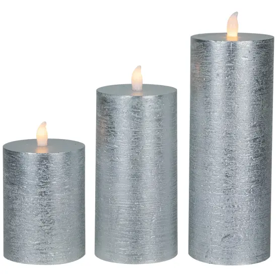 Northlight Flameless Flickering LED Wax Pillar Candles - 8" - Brushed Silver - Set of 3 {5}