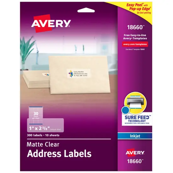 Avery Matte Clear Address Labels, Sure Feed Technology, Inkjet, 1" x 2-5/8", 300 Labels (18660) {1}