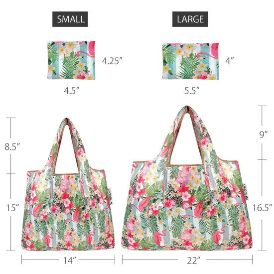 Wrapables Large & Small Foldable Tote Nylon Reusable Grocery Bags, Set of 2 Flamingos Flowers {2}