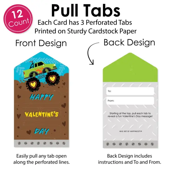 Big Dot of Happiness Smash and Crash - Monster Truck - Cards for Kids - Happy Valentine's Day Pull Tabs - Set of 12 {6}