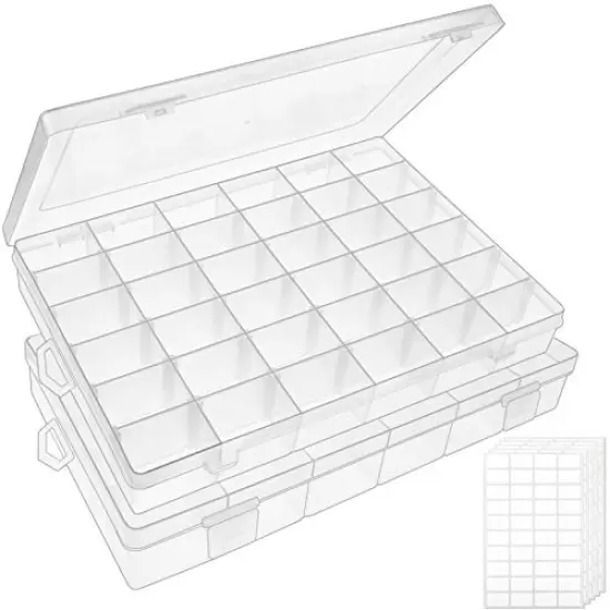 2 Pack 36 Grids Clear Plastic Organizer Box Container Craft Storage with Adjustable Dividers for Beads Organizer Art DIY Crafts Jewelry Fishing Tackles with 5 Sheets Label Stickers {2}