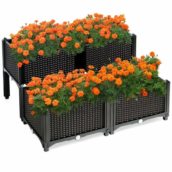Set of 4 Elevated Flower Vegetable Herb Grow Planter Box Brown {1}