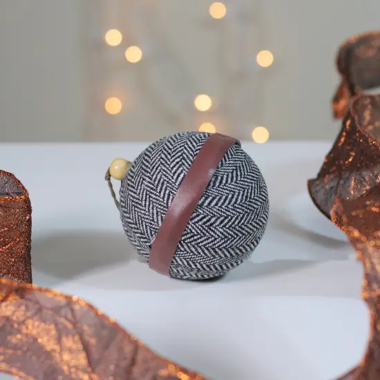 Kaemingk 4" Black and White Houndstooth With Brown Strip Fabric Christmas Ball Ornament {3}