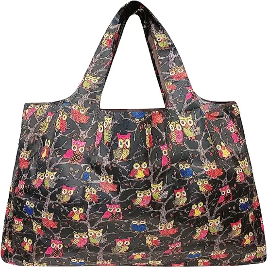 Wrapables Large Foldable Tote Nylon Reusable Grocery Bags, 5 Pack Cats, Owls, Animals {3}