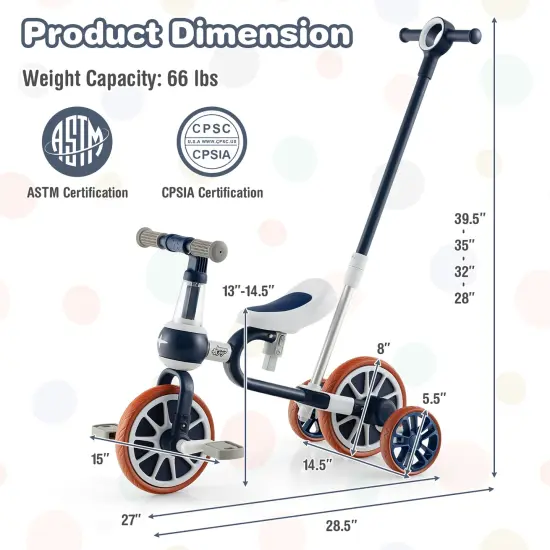 Costway 4 in 1 Kids Tricycles withPush Handle & Training Wheels Baby Balance Bike Navy/Pink {3}