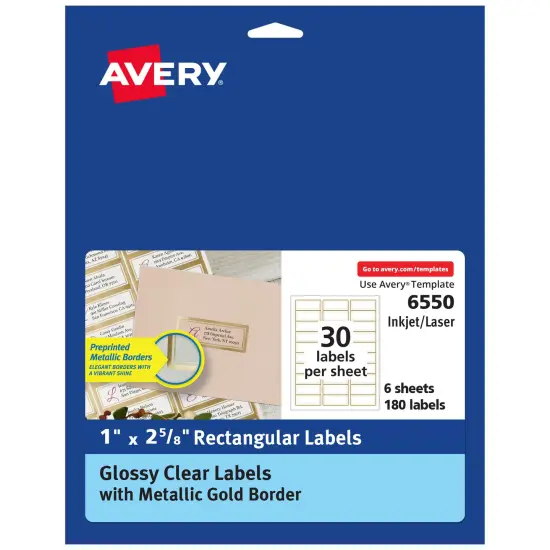 Avery Glossy Clear Labels with Metallic Gold Label Borders, 1" x 2-5/8" Rectangle Labels, 180 Total, Laser/Inkjet Printable Labels (6550) {1}
