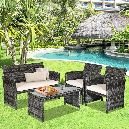 Costway 4PCS Patio Rattan Furniture Set Conversation Glass Table Top Cushioned Sofa, White {1}