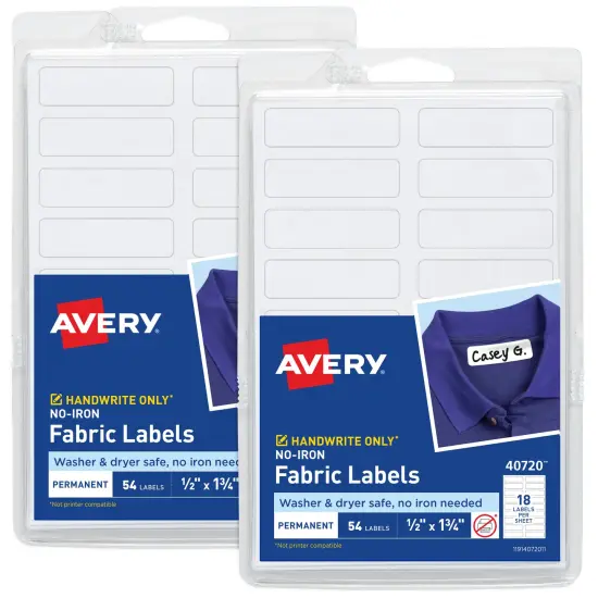 Avery No-Iron Fabric Labels, 1/2" x 1-3/4", Washer and Dryer-Safe, White, Non-Printable, 54 Labels Per Pack, 108 Blank Labels Total (2-Pack of 40720) {1}