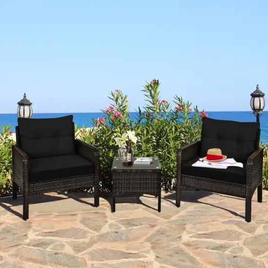 3 Pieces Outdoor Patio Rattan Conversation Set with Seat Cushions Black {2}