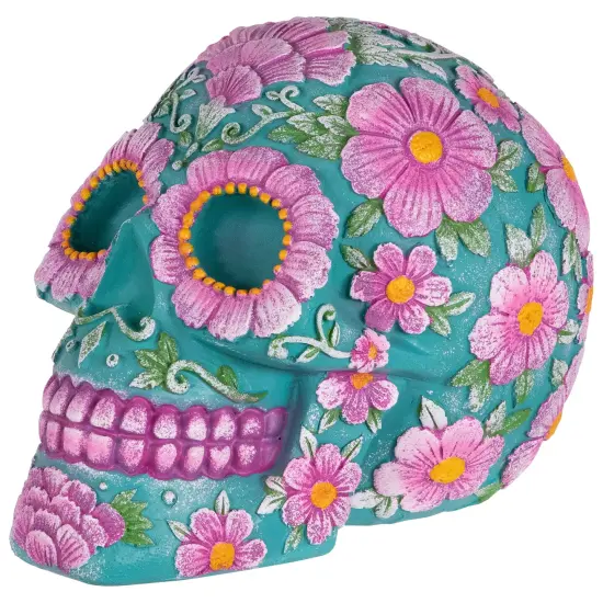 Northlight Day of the Dead Skull Coin Bank - 7.75" - Teal Blue and Pink {4}