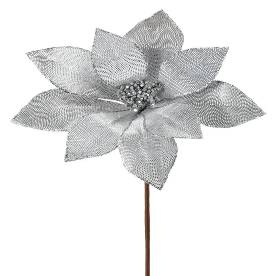 24" Silver Metallic Mirror Fabric Poinsettia Flower – StylishChristmas Floral Decoration {1}