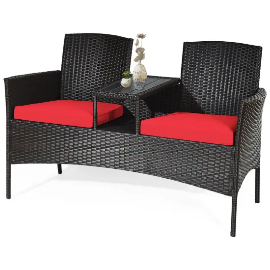 Costway Patio Rattan Conversation Set Loveseat Sofa Cushioned Coffee Table Turquois\Red {2}