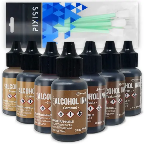 Brown Alcohol Inks Set, Tim Holtz Alcohol Ink Browns 7-Pack, 10 Pixiss Blending Tools {1}