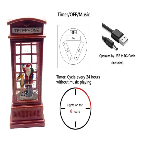 7" Red Telephone Booth Water Snow Globe with Santa and Reindeer Inside | Christmas Decor {2}