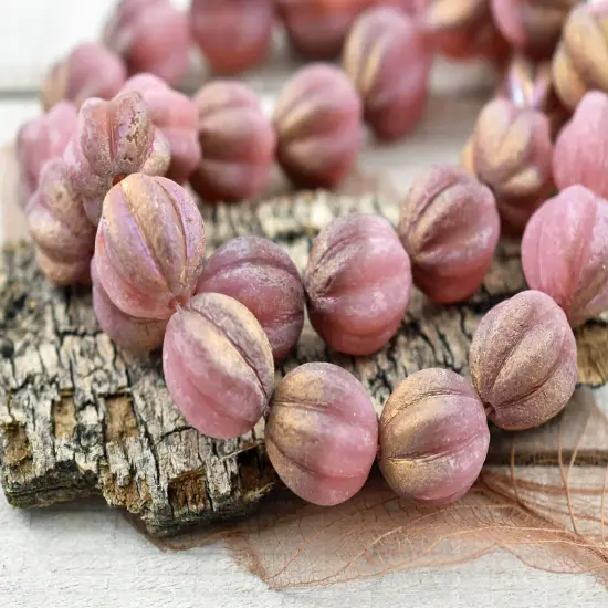 Copper Washed Etched Dusty Rose Round Melon Beads {4}