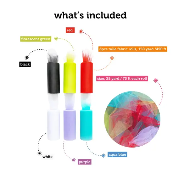 Incraftables Tulle Fabric 6 Rolls (25 Yards per Roll). Best Tulle Ribbon for Gift Wrapping, Wedding Decor, Party Decorations & Crafts (Rainbow Colors - Red, Black, White, Purple, Green & Aqua Blue) {3}