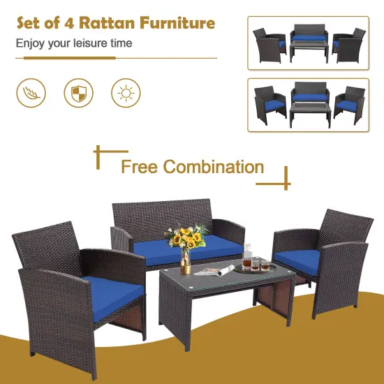 Costway 4PCS Patio Rattan Furniture Set Cushioned Chair Sofa Coffee Table White/Navy/Turquoise/Red {5}