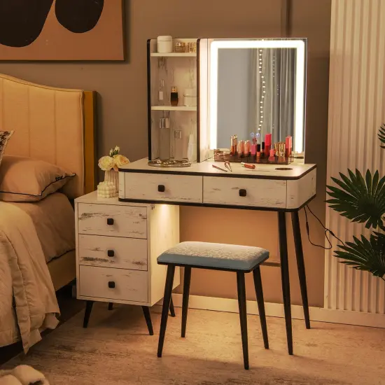 Vanity Makeup Table Set with Lighted Mirror and 3-in-1 Charging Station White {6}