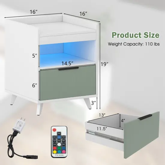 Modern Nightstand with LED Lights Sliding Drawer and Open Compartment-White {5}