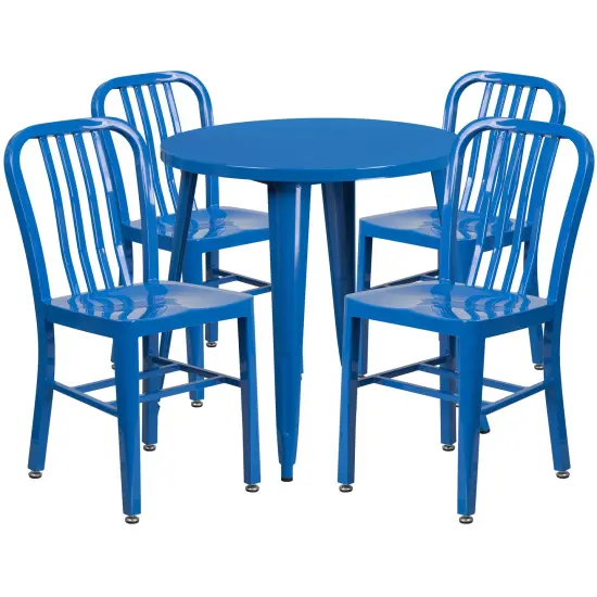 Emma and Oliver Commercial Grade 30" Round Metal Indoor-Outdoor Table Set & 4 Slat Back Chairs Blue {1}