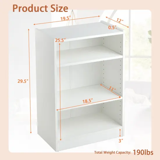 Modern White 3-Tier Bookcase with Storage Adjustable Shelves Cabinet for Living Room or Bedroom {3}