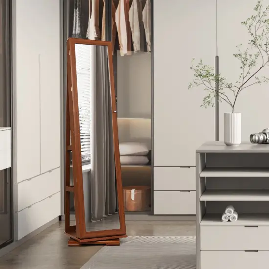 360&deg; Rotatable Armoire 2-in-1 Lockable Mirrored Jewelry Cabinet Brown {2}