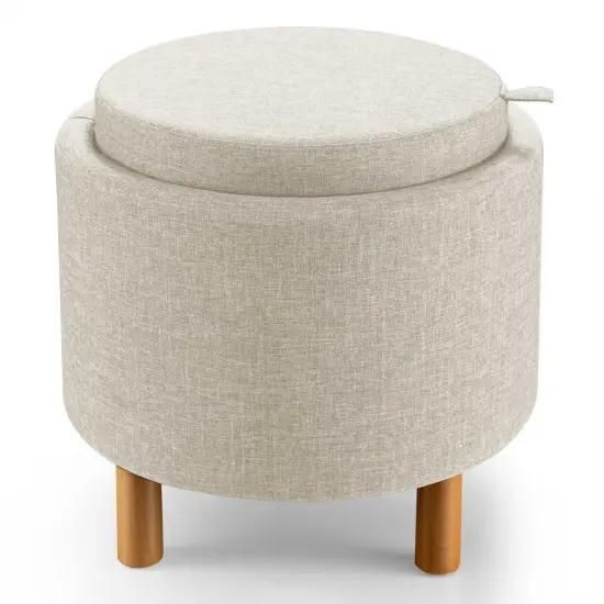 Round Storage Ottoman with Tray Top Accent Padded Footrest Beige {1}