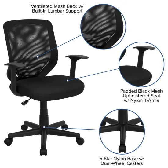 Emma and Oliver Mid-Back Mesh Tapered Back Swivel Task Office Chair with T-Arms Black {2}