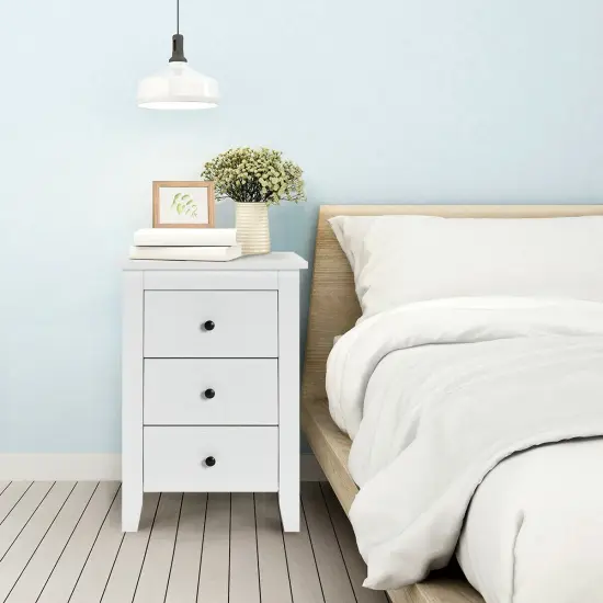 Modern Nightstand End Beside Table with 3 Storage Drawers and Open Platform White {2}