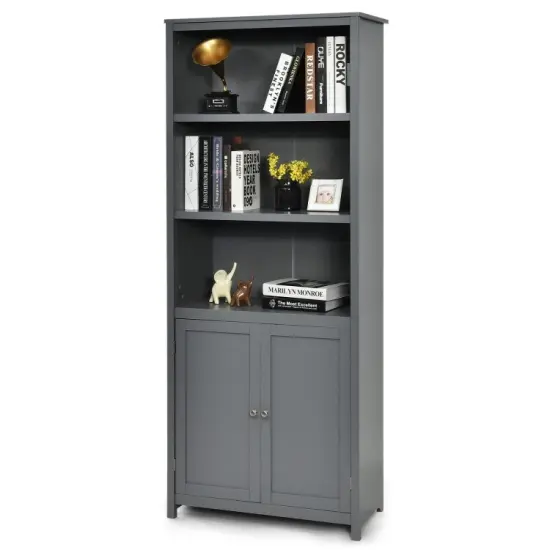 Bookcase Shelving Storage Wooden Standing Cabinet Unit Display with Doors Grey {4}
