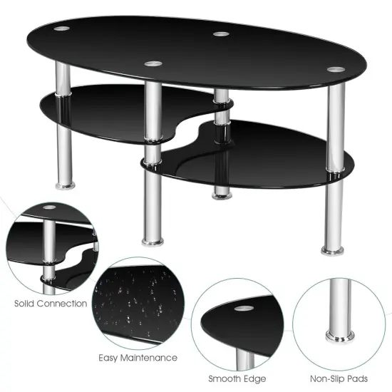 Tempered Glass Oval Side Coffee Table Black {6}