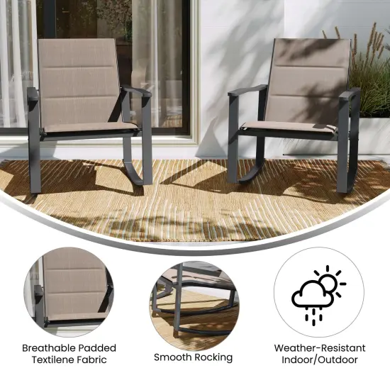 Merrick Lane Brevyn Set of 2 Flex Comfort Outdoor Rocking Chairs with Steel Frames Brown {2}