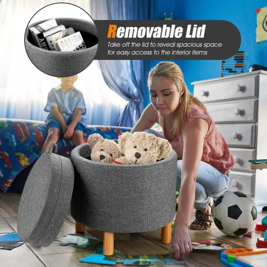 Round Storage Ottoman with Tray Top Accent Padded Footrest Grey {2}