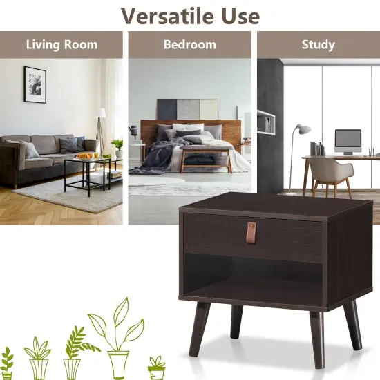 Nightstand Bedroom Table with Drawer Storage Shelf-Brown {5}