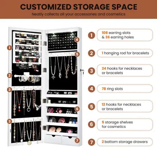 Lockable Wall Mount Mirrored Jewelry Cabinet with LED Lights White {6}