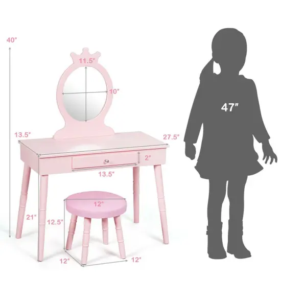 Kids Vanity Makeup Table and Chair Set Make Up Stool Pink {5}